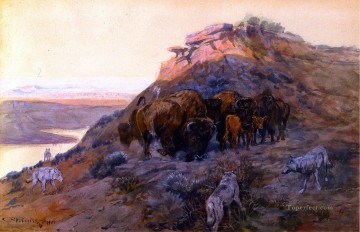 チャールズ・マリオン・ラッセル Painting - 入り江にあるバッファローの群れ 1901年 チャールズ・マリオン・ラッセル